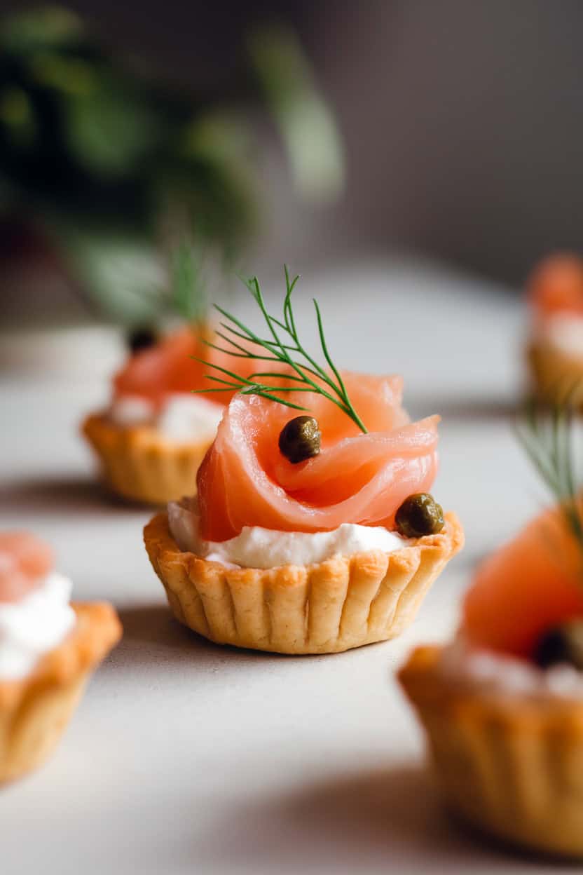 Smoked salmon and dill puff pastry cups topped with dill and capers