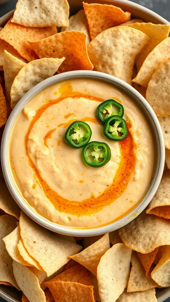 Smoky chipotle cheese dip in a bowl surrounded by crispy chips.