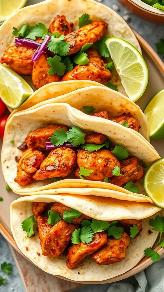 Three Smoky Chipotle Chicken Tacos garnished with cilantro and lime wedges