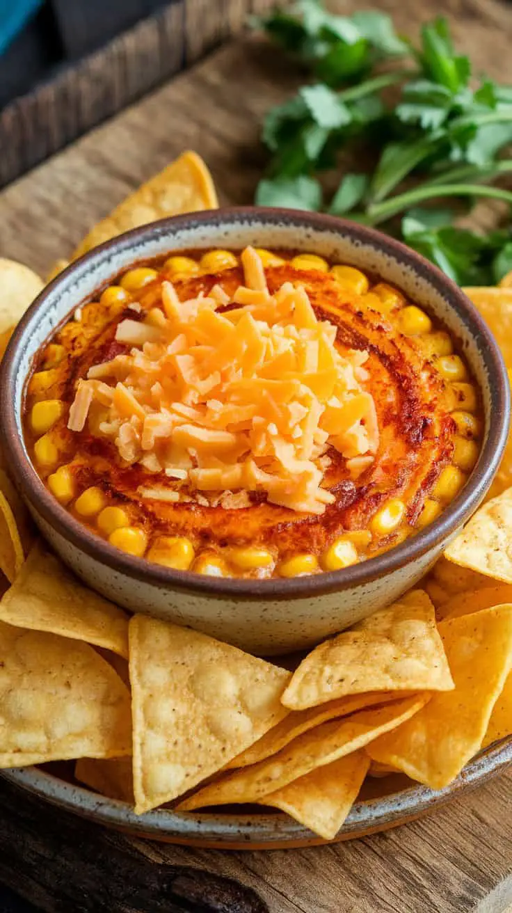 A bowl of Smoky Chipotle Corn Dip topped with cheese, surrounded by tortilla chips