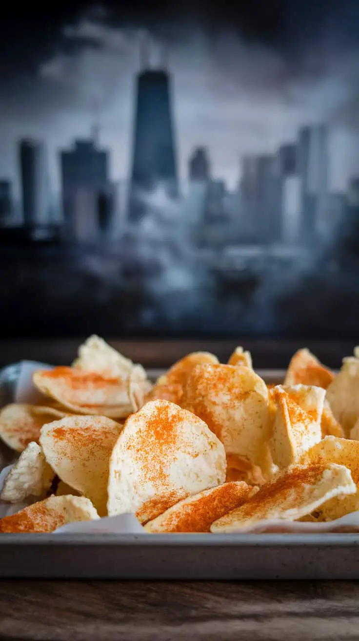 A close-up of crispy cottage cheese chips sprinkled with smoky paprika, set against a blurred cityscape background.