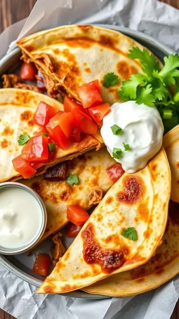 A plate of smoky pulled pork quesadillas with diced tomatoes and sour cream