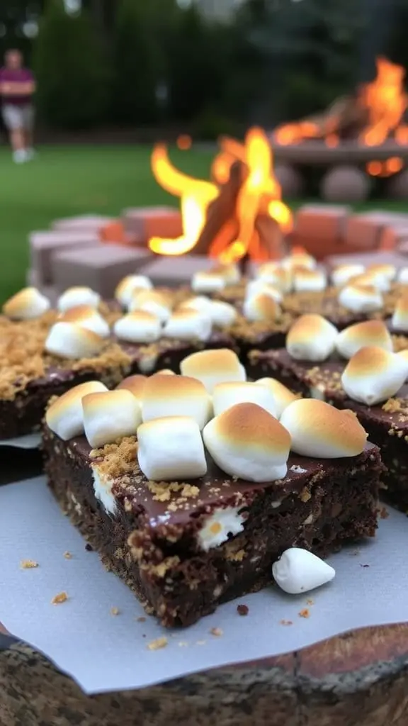 A close-up of s'mores brownie bars with toasted marshmallows and a fire pit in the background.