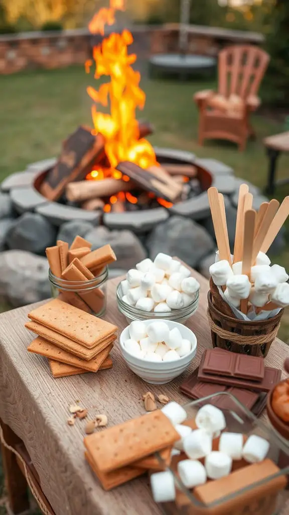 A s'mores dessert bar with graham crackers, marshmallows, and chocolate beside a fire pit.