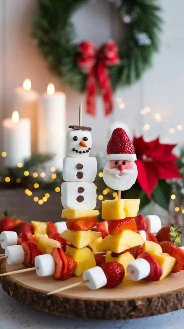 Colorful fruit kabobs featuring a marshmallow snowman and strawberry Santa, garnished with pine and candles, set up for a festive holiday gathering.