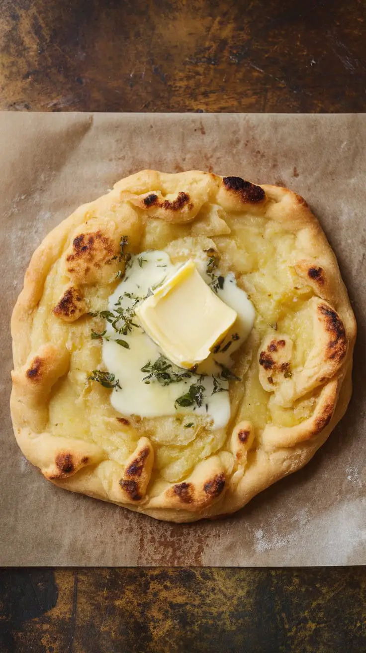 Soft and chewy potato flatbread topped with butter and herbs