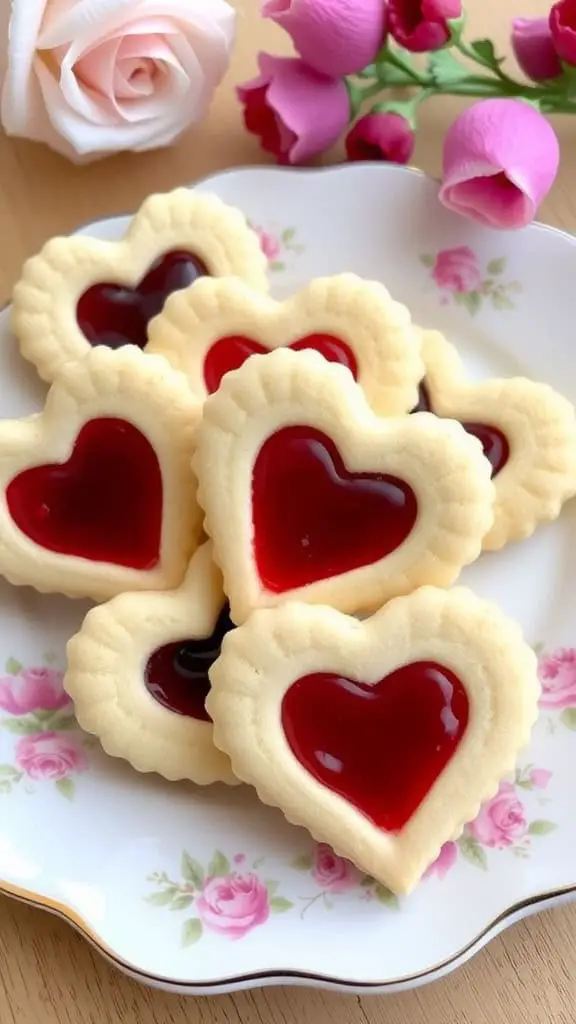 Heart-shaped Linzer jam sandwiches on a floral plate with pink roses in the background