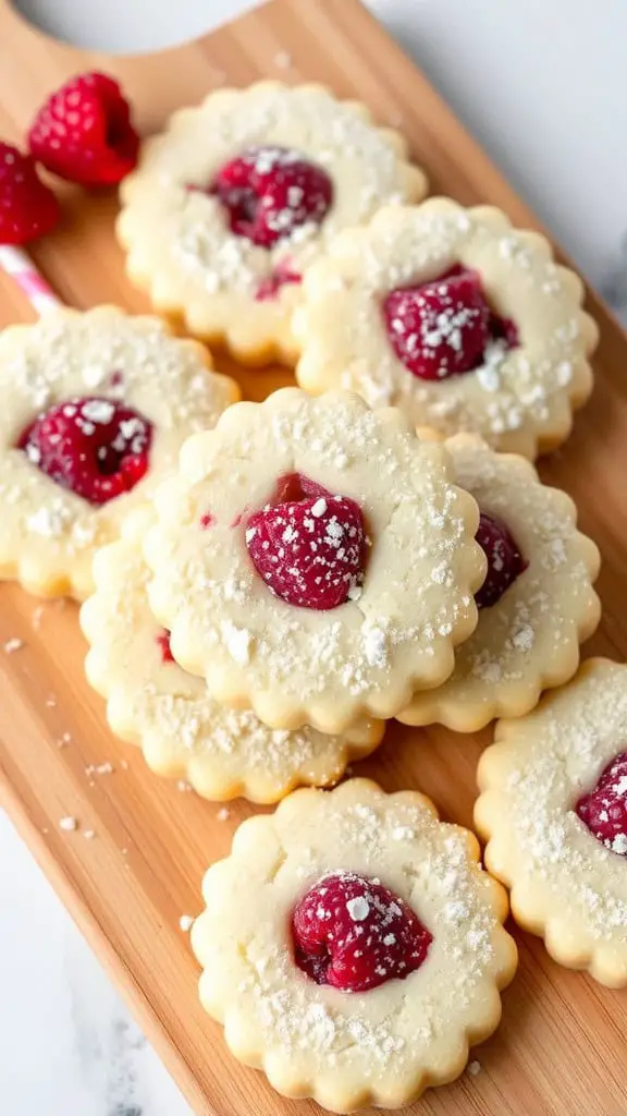 Soft raspberry shortbread rounds on a wooden serving board