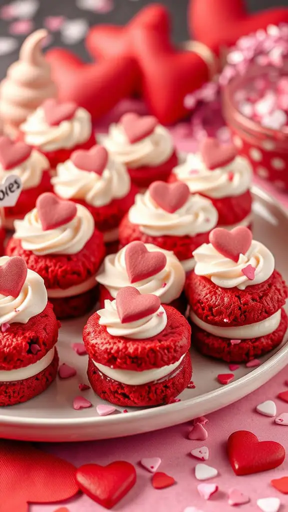 A plate of soft red velvet sandwich cookies decorated with heart-shaped toppers, surrounded by festive pink and red decorations.