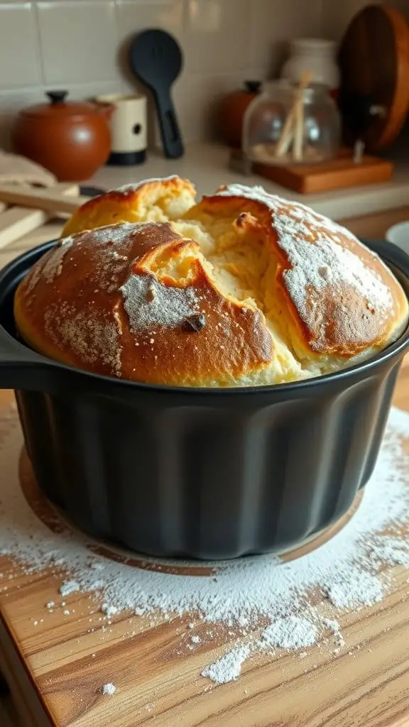 Freshly baked sourdough bread in a black Dutch oven with flour sprinkled on a wooden surface.