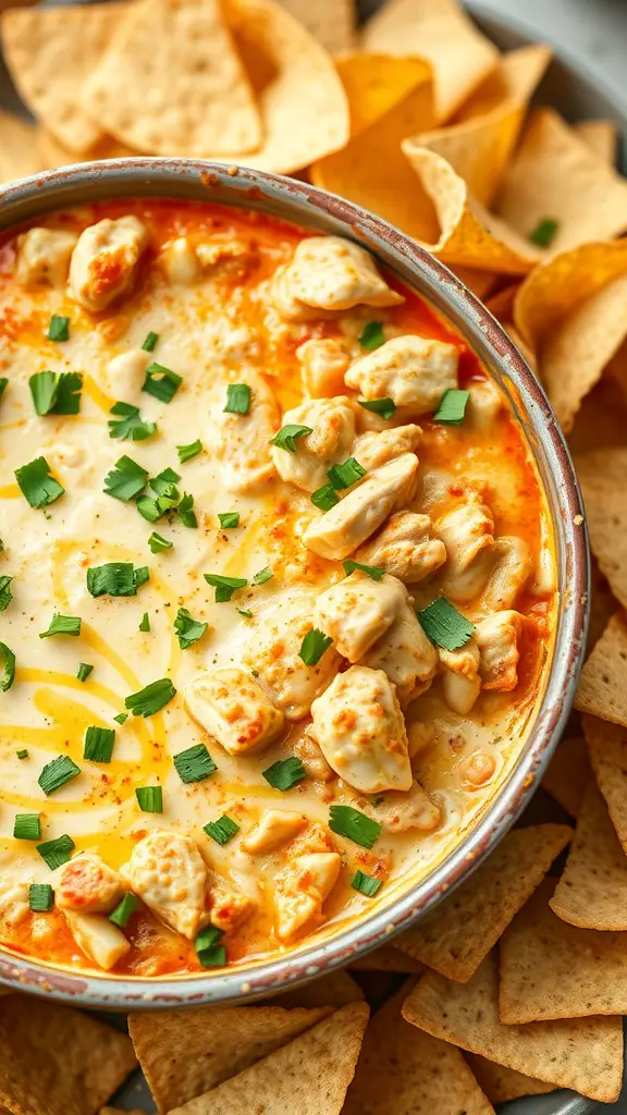 A delicious bowl of Southwest Chicken Dip surrounded by tortilla chips, topped with green onions.