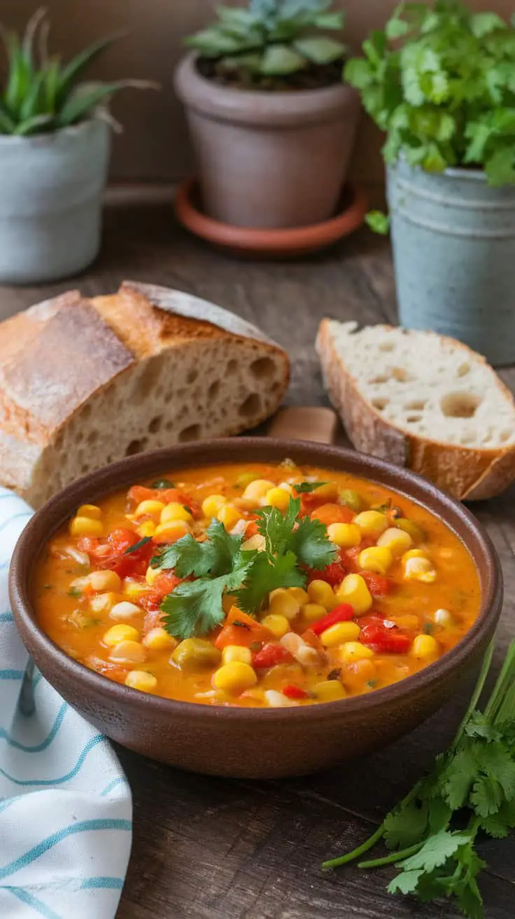 Bowl of Southwest Corn Chowder with bread and cilantro on a wooden table