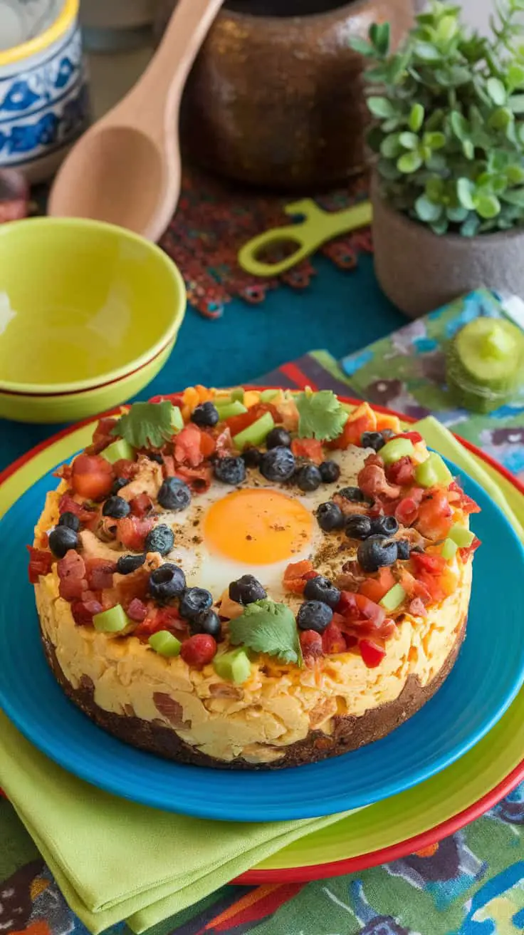 A colorful Southwest Egg Casserole topped with fresh ingredients on a bright plate.