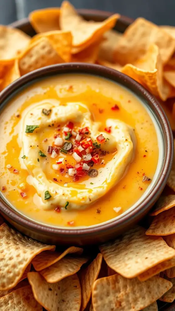 A bowl of Southwest Queso Dip surrounded by tortilla chips, topped with diced peppers and herbs.