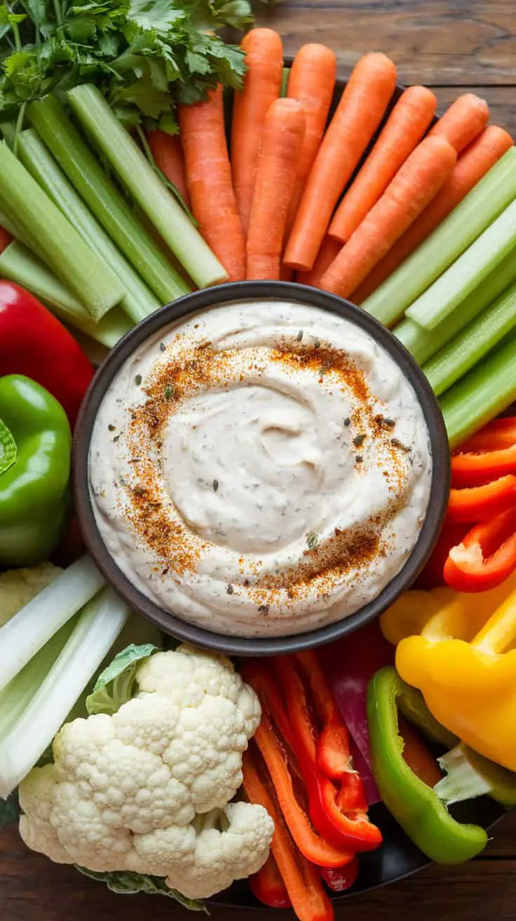 A bowl of creamy Southwest Ranch Dip surrounded by fresh vegetables like carrots, celery, and bell peppers.