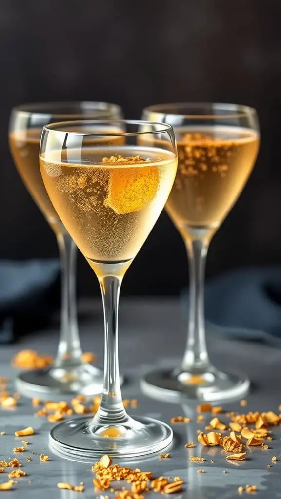 Three sparkling champagne jello shots in elegant glasses, surrounded by golden sprinkles.