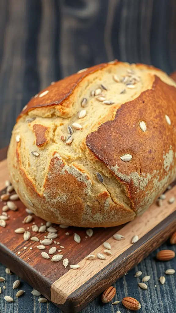 A beautifully baked spelt flour Dutch oven bread with a crispy crust and topped with seeds.