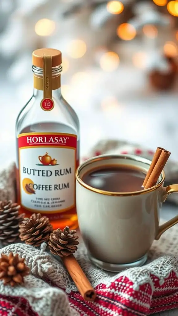 A cozy cup of coffee with a cinnamon stick, a bottle of butterscotch coffee rum, and pinecones on a festive knitted blanket.