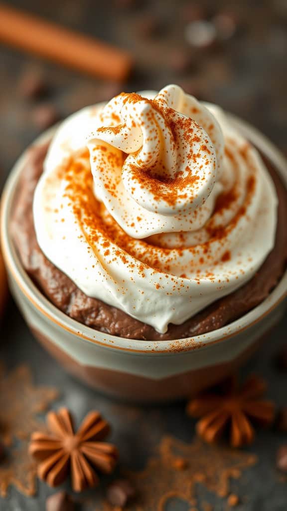 A close-up of spiced coffee chocolate mousse topped with whipped cream and cinnamon, decorated with chocolate chips and star anise.