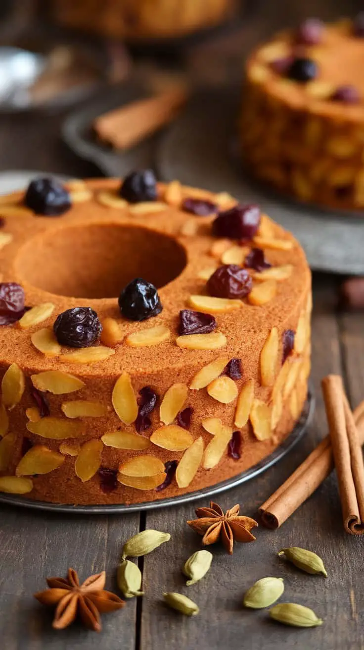 A beautiful spiced eggless plum cake decorated with dry fruits and spices.