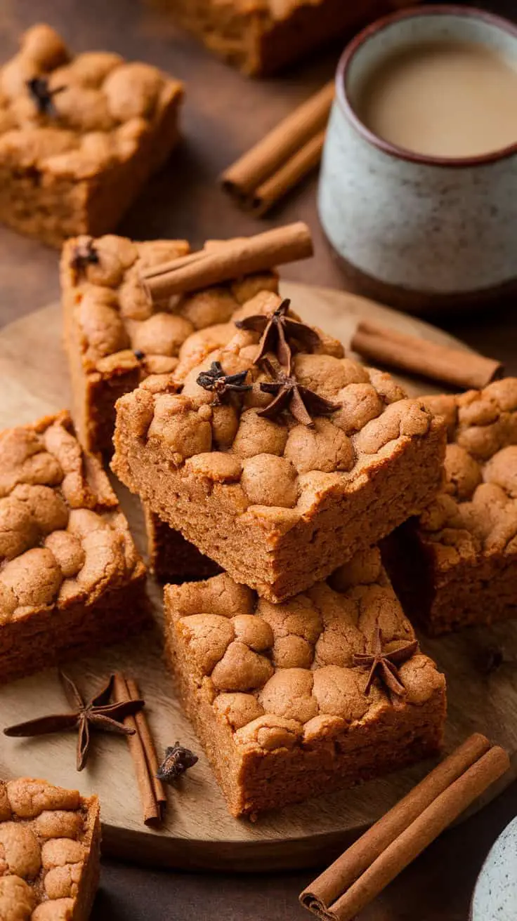 Delicious spiced gingerbread cookie bars topped with candied ginger and surrounded by cinnamon sticks.