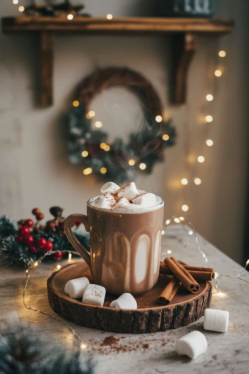 A cozy mug of hot cocoa topped with marshmallows and cinnamon, set against a festive background with holiday decorations.