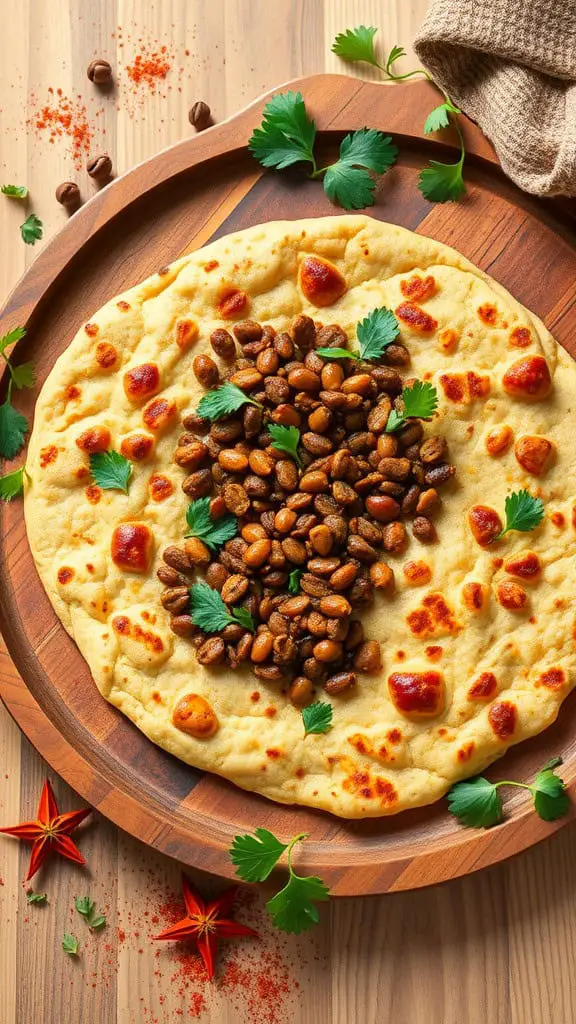 A round spiced lentil flatbread topped with seasoned beans and garnished with fresh herbs on a wooden plate.