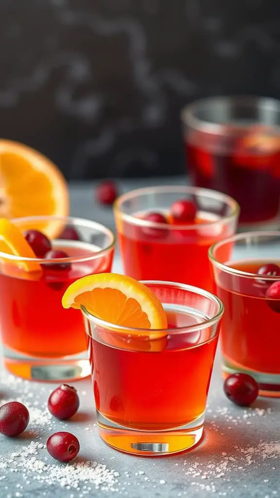 Colorful spiced orange and cranberry jello shots garnished with orange slices and cranberries