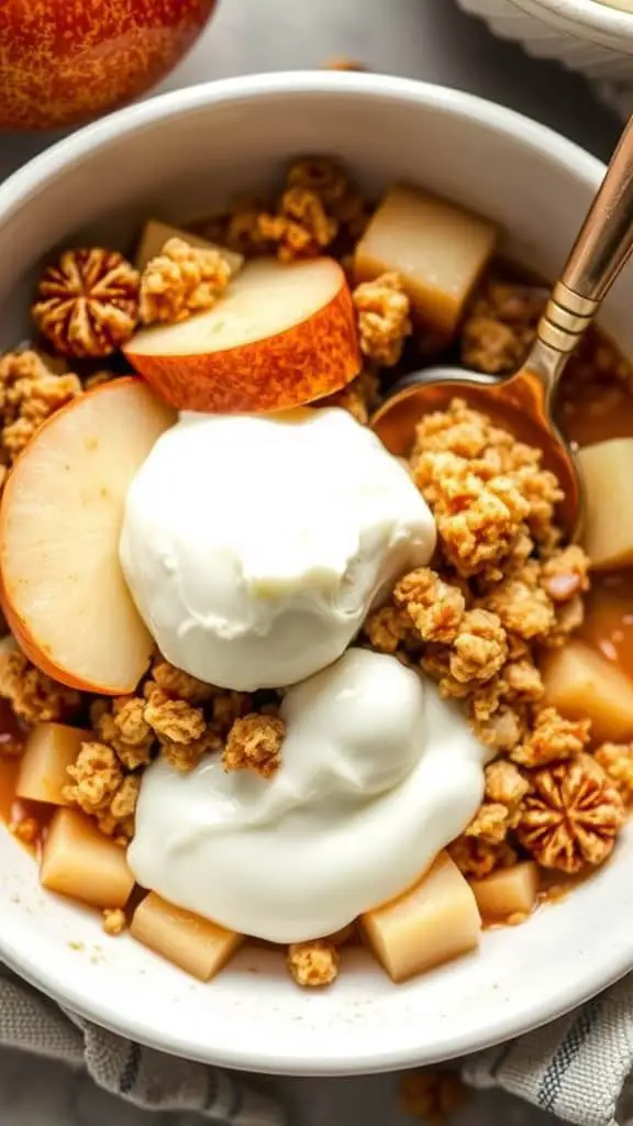 A bowl of spiced pear breakfast crumble topped with yogurt and apple slices.