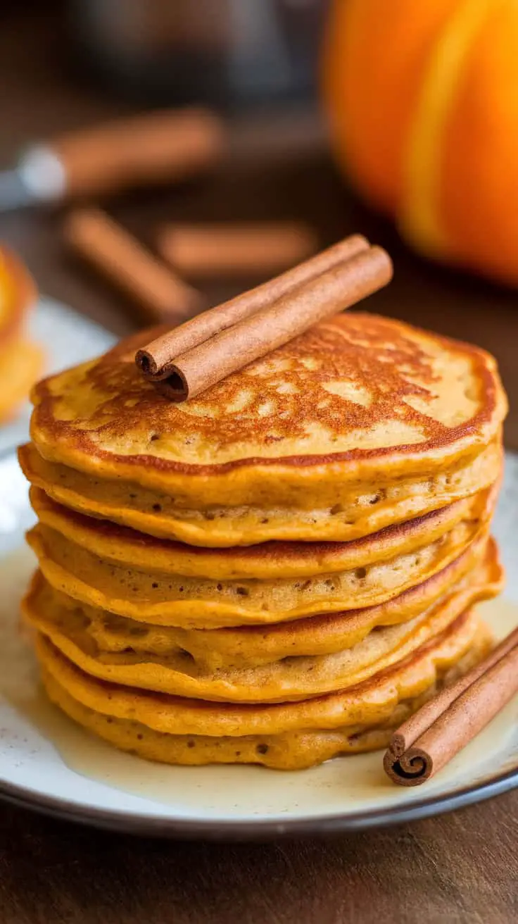 Stack of spiced pumpkin cottage cheese pancakes with cinnamon sticks on top