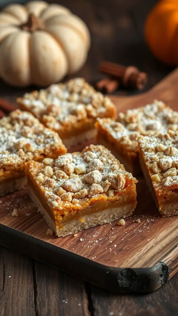 A delicious looking tray of spiced pumpkin streusel bars dusted with powdered sugar, surrounded by a small pumpkin and cinnamon sticks.