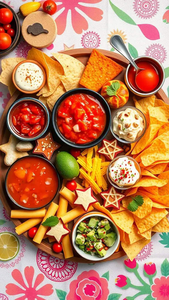 A colorful fiesta board featuring salsa, tortilla chips, fresh veggies, and sweet treats.