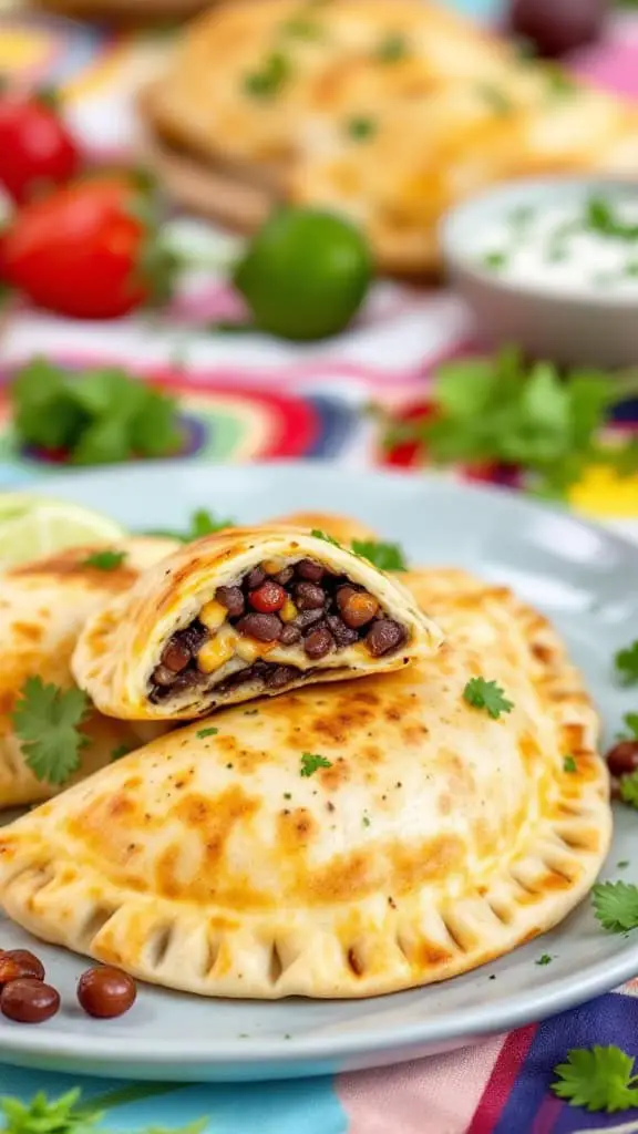 Plate of golden-brown empanadas filled with black beans and cheese, garnished with cilantro