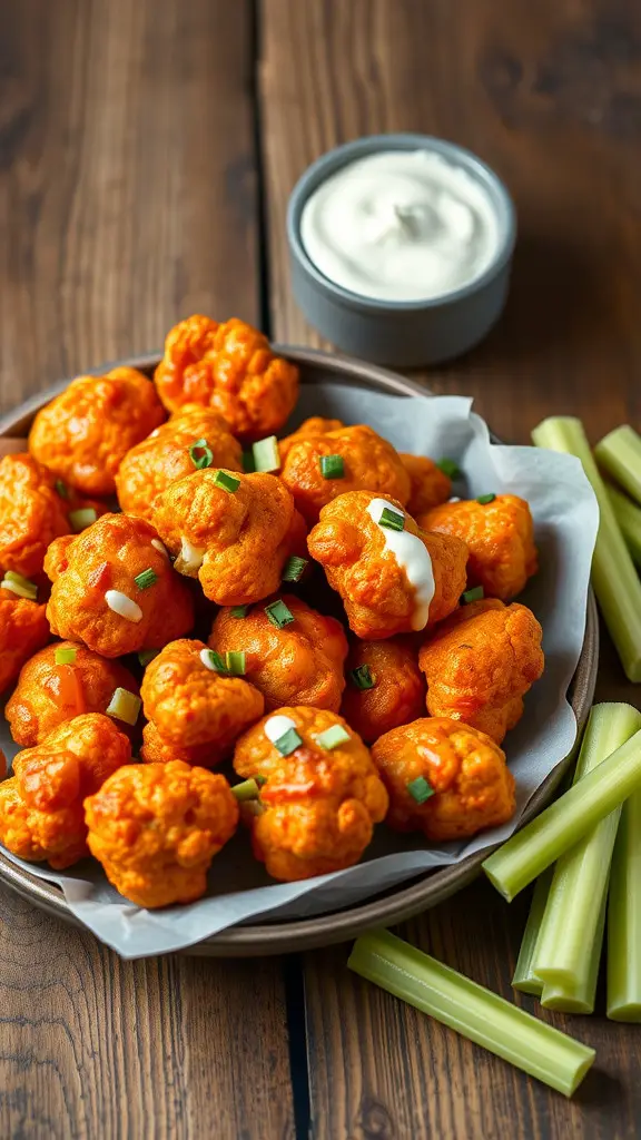 A plate of spicy buffalo cauliflower bites with a bowl of ranch dressing and celery sticks