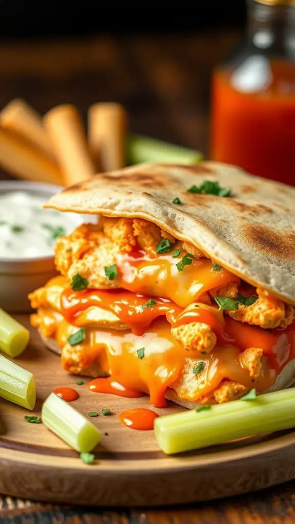 A delicious spicy buffalo chicken pita melt with cheese and sauce, served with celery sticks.