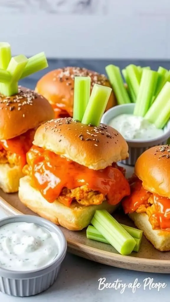 Delicious Spicy Buffalo Chicken Sliders on a platter with celery sticks and dipping sauce.