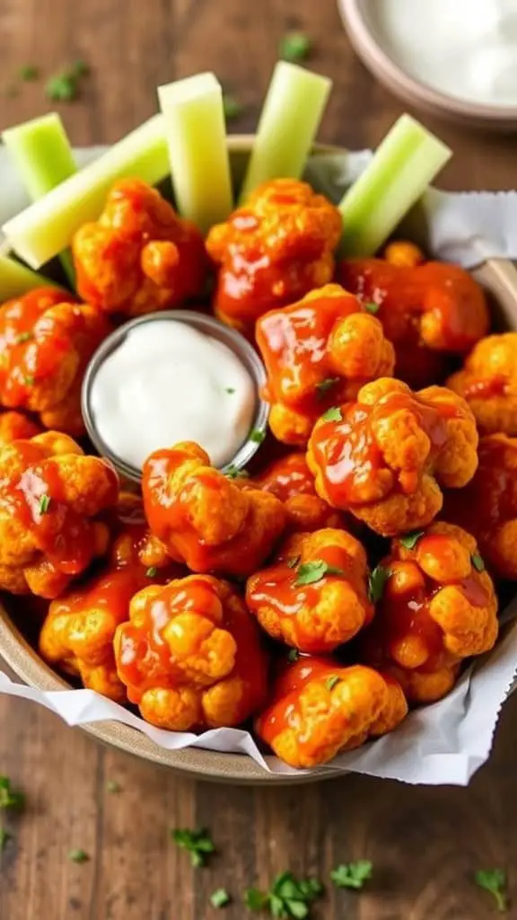 A bowl of Spicy Cauliflower Buffalo Bites with celery sticks and a side of ranch dressing.