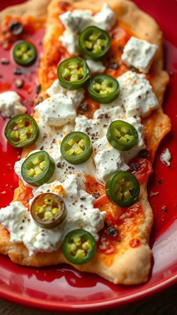 Flatbread topped with cottage cheese and jalapeños
