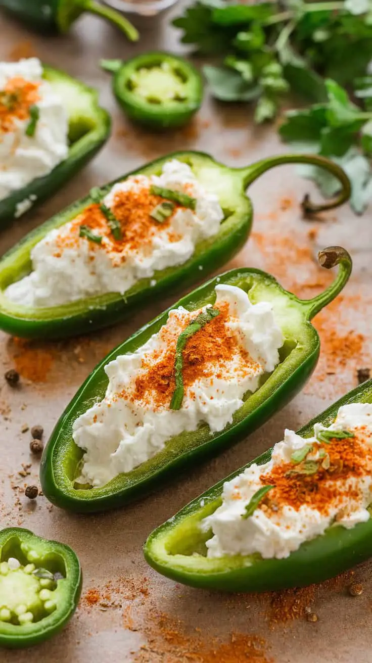 Jalapeño poppers stuffed with cottage cheese and sprinkled with spices.