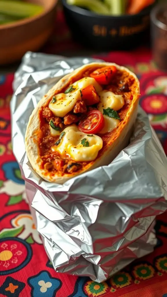A spicy cottage cheese breakfast burrito filled with colorful ingredients, wrapped in foil.