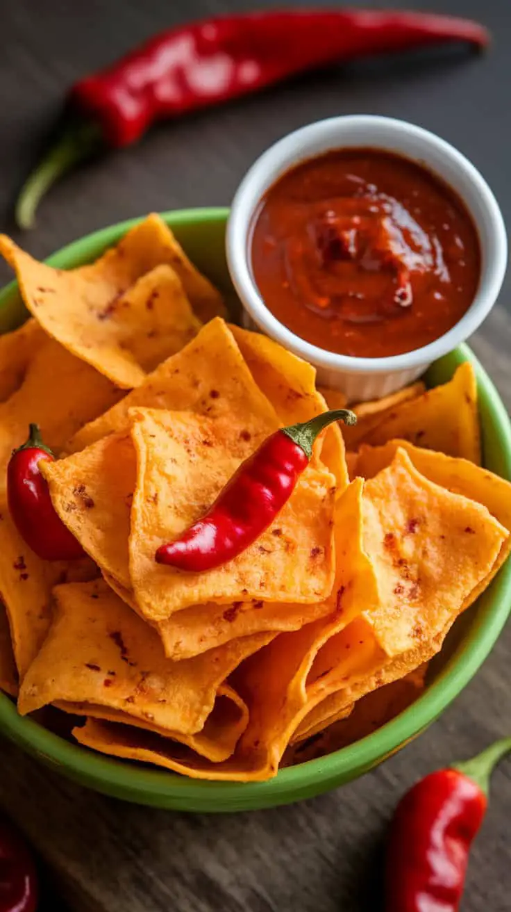 A bowl of spicy cottage cheese chips with red chilies and a small bowl of sauce
