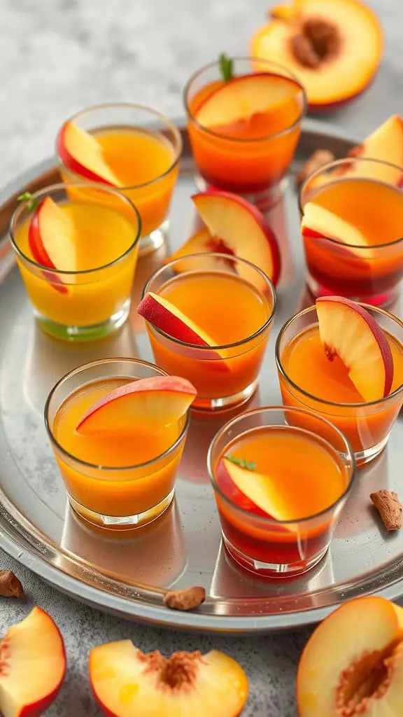 Colorful Spicy Ginger Peach Jello Shots on a tray, garnished with peach slices.