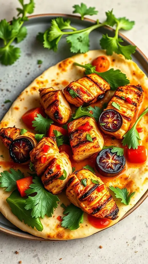 Grilled spicy harissa chicken on flatbread with fresh herbs and tomatoes