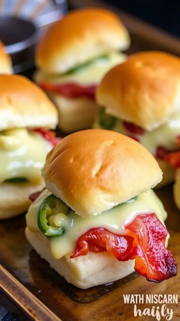 A tray of spicy jalapeño popper sliders with melted cheese and jalapeño slices