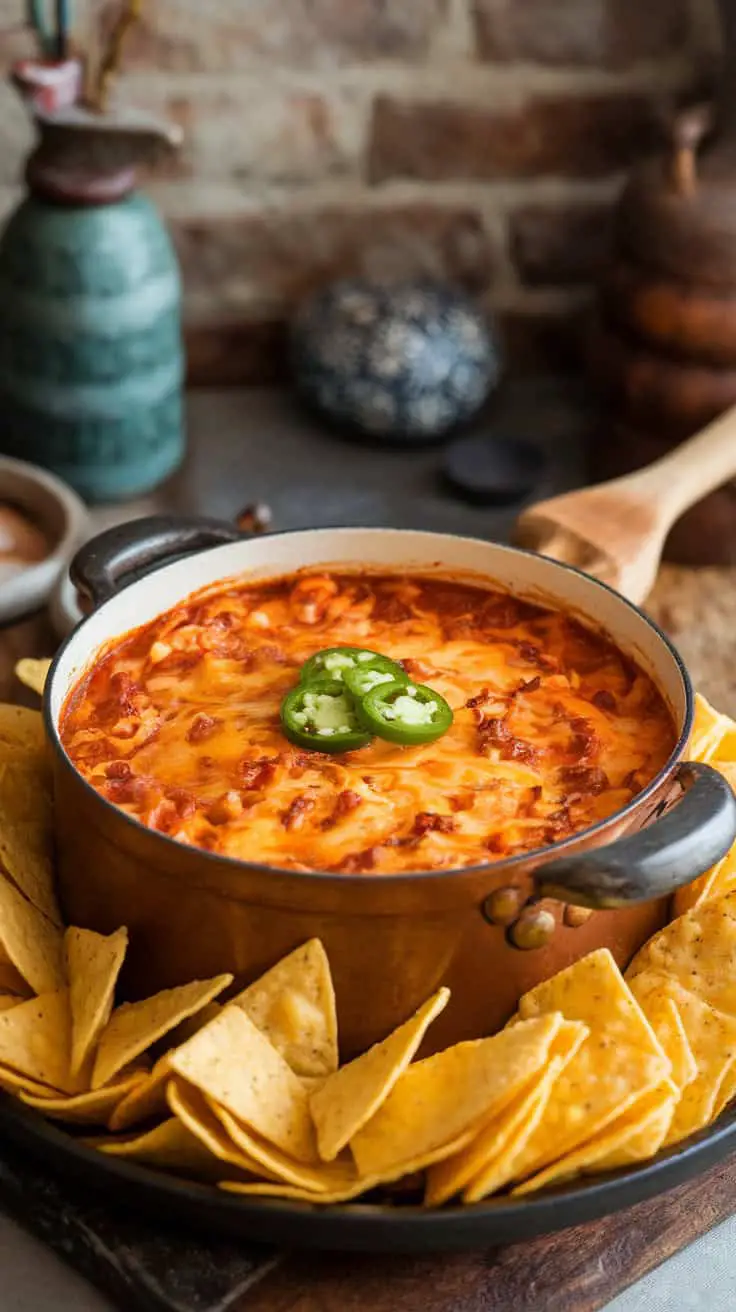 A delicious bowl of Spicy Jalapeno Queso Dip surrounded by crispy tortilla chips, garnished with sliced jalapenos.