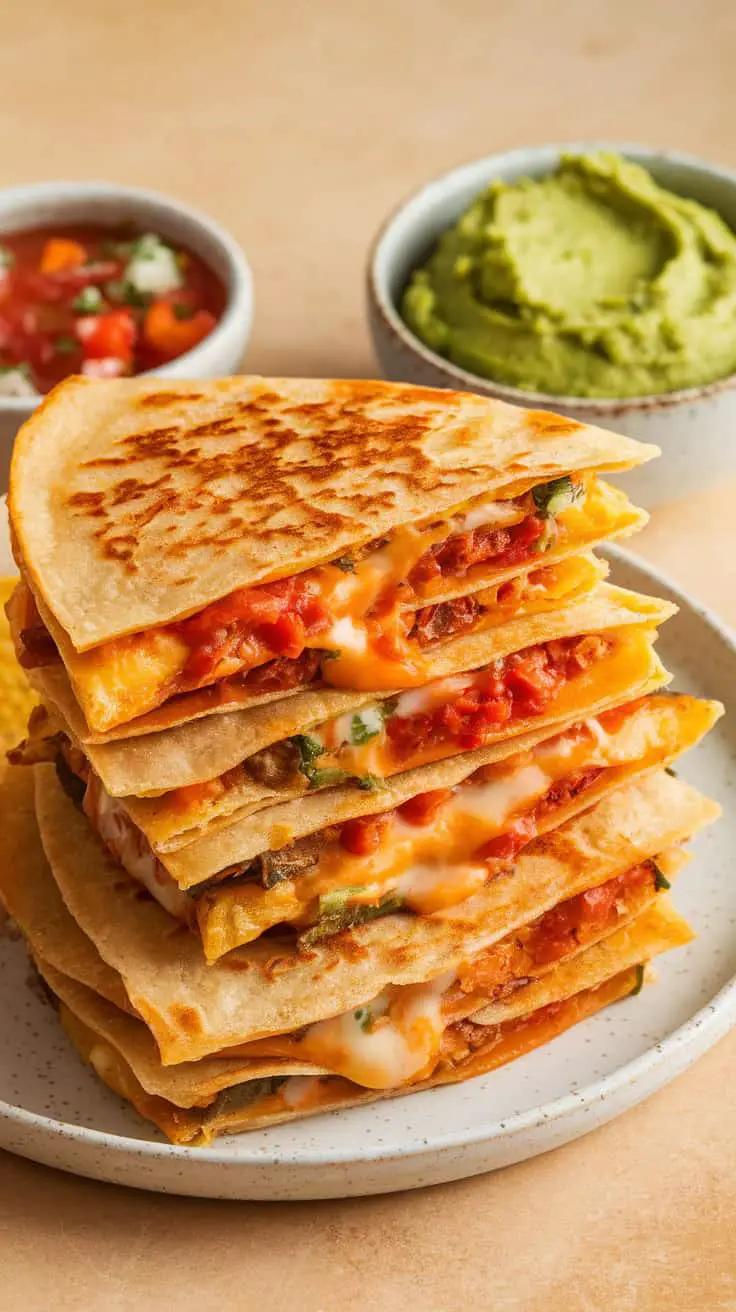 A plate of stacked crispy quesadillas filled with corn and cheese, served with salsa and guacamole.