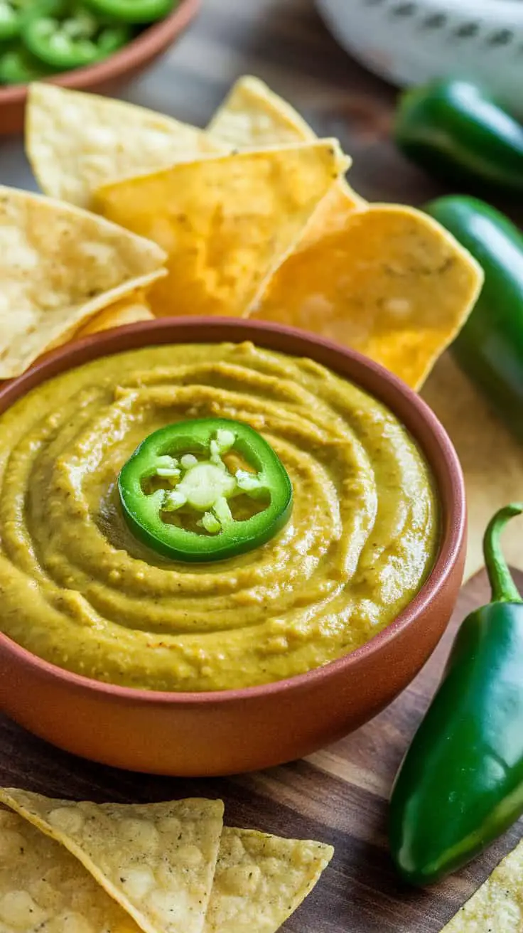 A bowl of Spicy Salsa Verde Dip topped with a slice of jalapeño, surrounded by tortilla chips and fresh jalapeños.