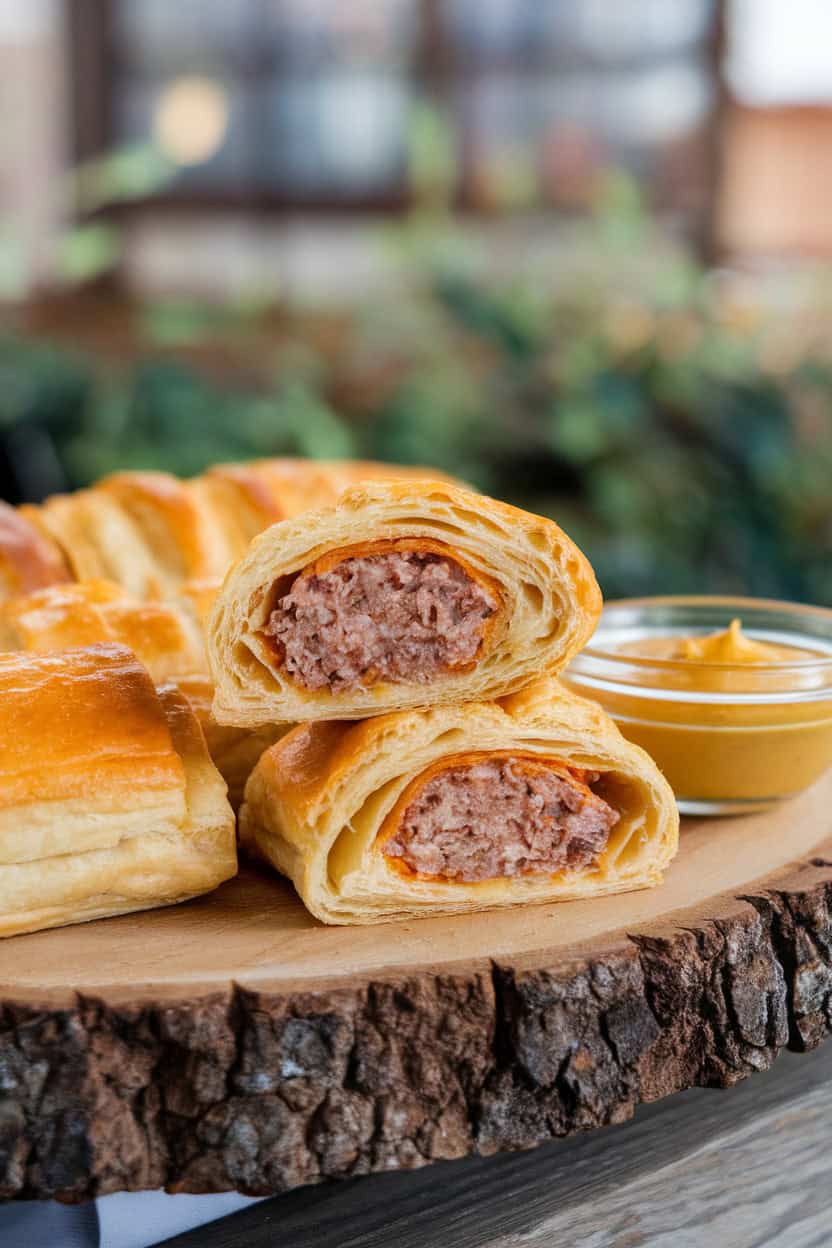 Golden puff pastry rolls with spicy sausage and cheddar filling, served with a side of mustard.