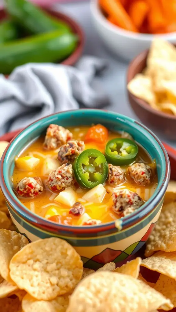 A bowl of Spicy Sausage Rotel Dip surrounded by tortilla chips, with jalapeños and colorful vegetables in the background.