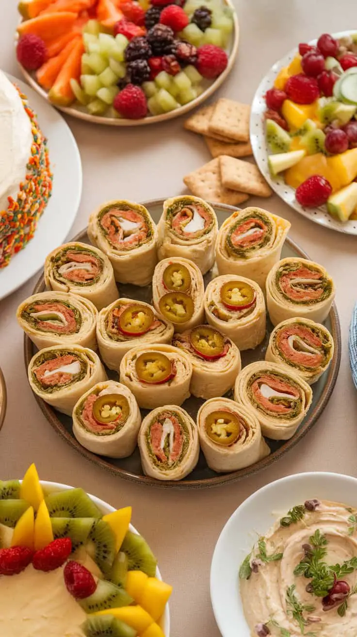 A platter of spicy Southwest chicken tortilla pinwheels surrounded by fresh fruit and snacks.